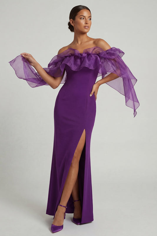 Sheath Purple Long Mother of the Bride Dress with Ruffles