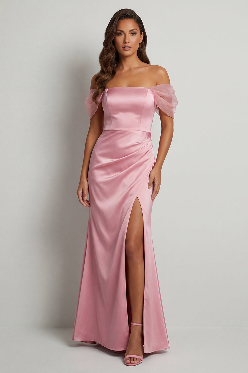 Pink Sheath Long Ruched Mother of the Bride Dress with Slit