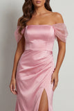 Pink Sheath Long Ruched Mother of the Bride Dress with Slit