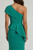 Long One Shoulder Dark Green Mermaid Mother of the Bride Dress with Ruffles