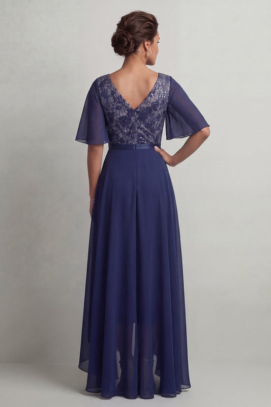 Navy Floral A Line V-Neck Asymmetrical Mother of the Bride Dress