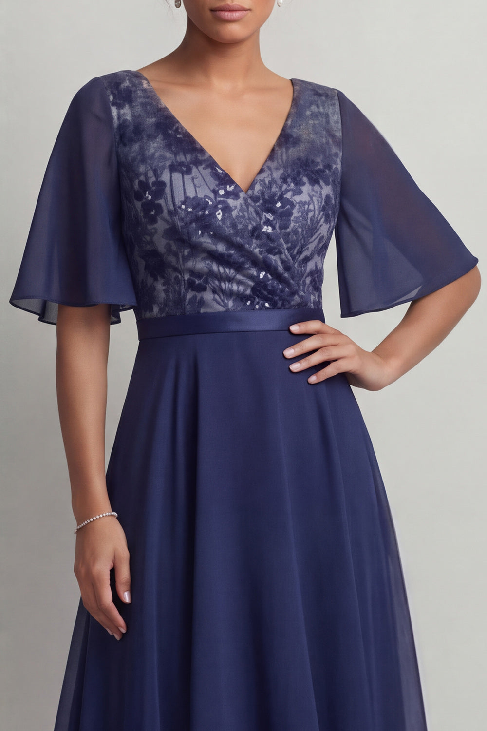 Navy Floral A Line V-Neck Asymmetrical Mother of the Bride Dress