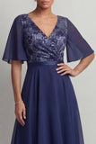 Navy Floral A Line V-Neck Asymmetrical Mother of the Bride Dress