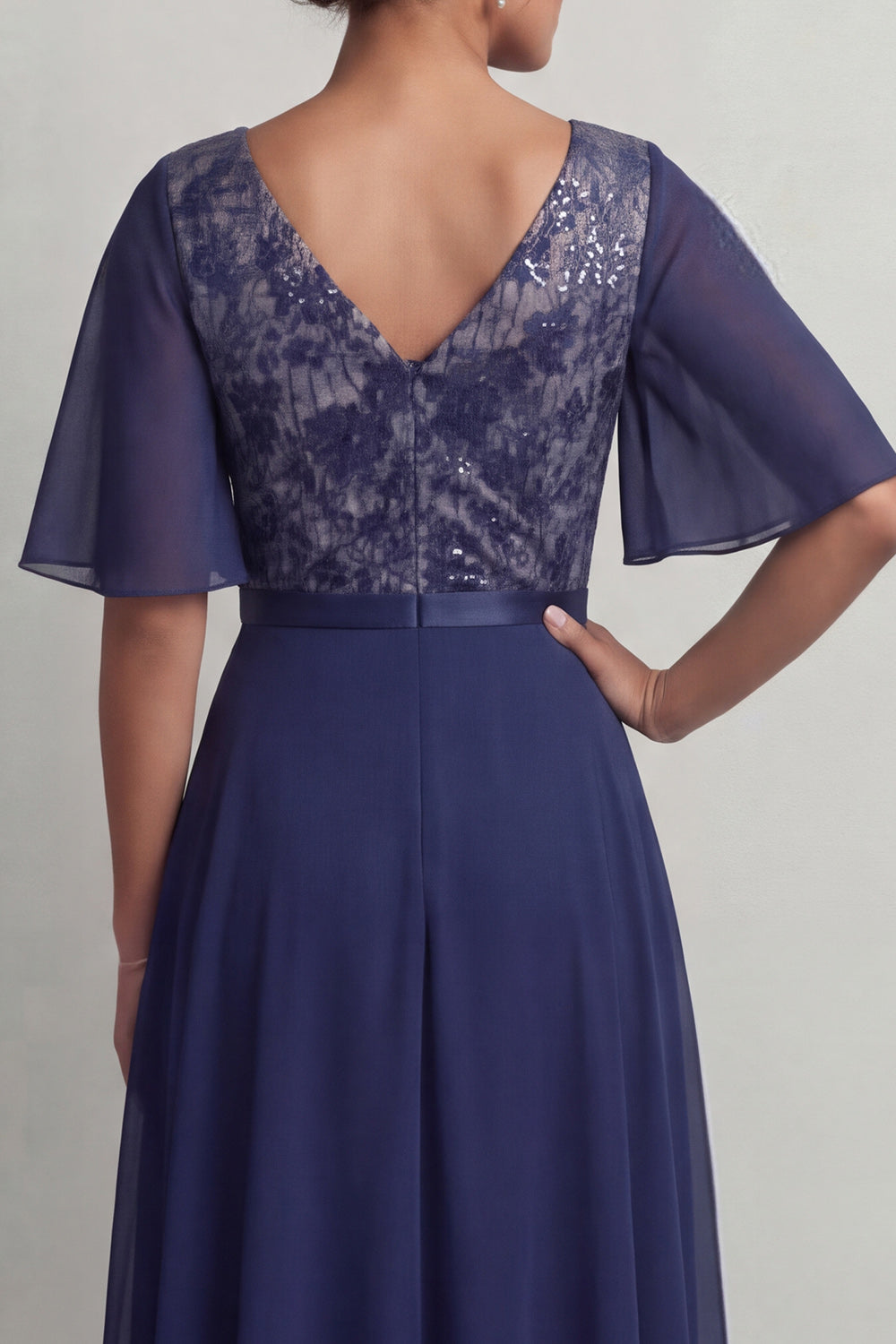 Navy Floral A Line V-Neck Asymmetrical Mother of the Bride Dress