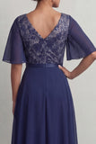 Navy Floral A Line V-Neck Asymmetrical Mother of the Bride Dress