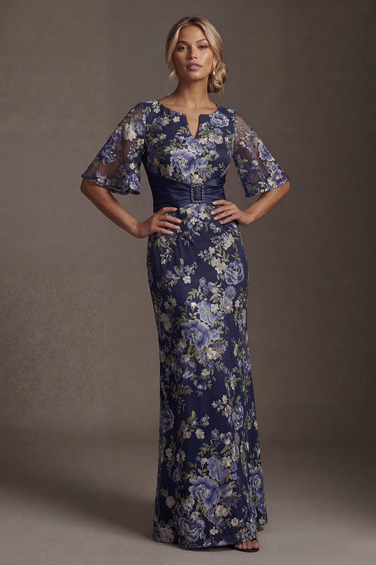 Half Sleeves Navy Sheath Long Floral Mother of the Bride Dress