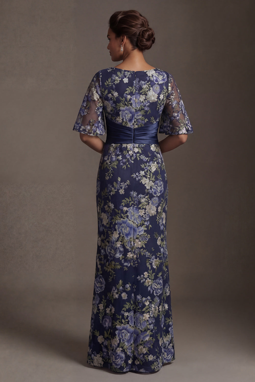 Half Sleeves Navy Sheath Long Floral Mother of the Bride Dress