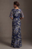 Half Sleeves Navy Sheath Long Floral Mother of the Bride Dress