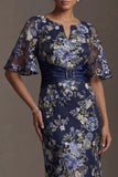 Half Sleeves Navy Sheath Long Floral Mother of the Bride Dress