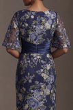 Half Sleeves Navy Sheath Long Floral Mother of the Bride Dress