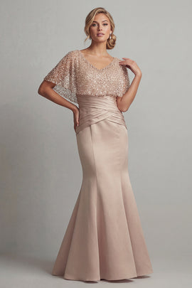 Long Ruched Sequin Sparkly Champagne Mermaid Mother of the Bride Dress