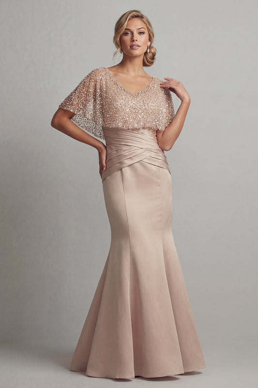 Long Ruched Sequin Sparkly Champagne Mermaid Mother of the Bride Dress