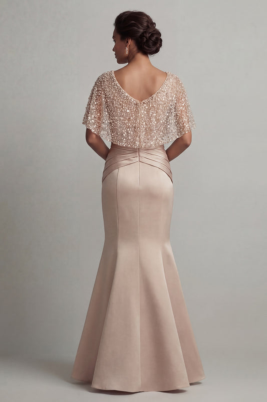 Long Ruched Sequin Sparkly Champagne Mermaid Mother of the Bride Dress