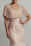 Long Ruched Sequin Sparkly Champagne Mermaid Mother of the Bride Dress