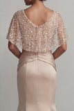Long Ruched Sequin Sparkly Champagne Mermaid Mother of the Bride Dress