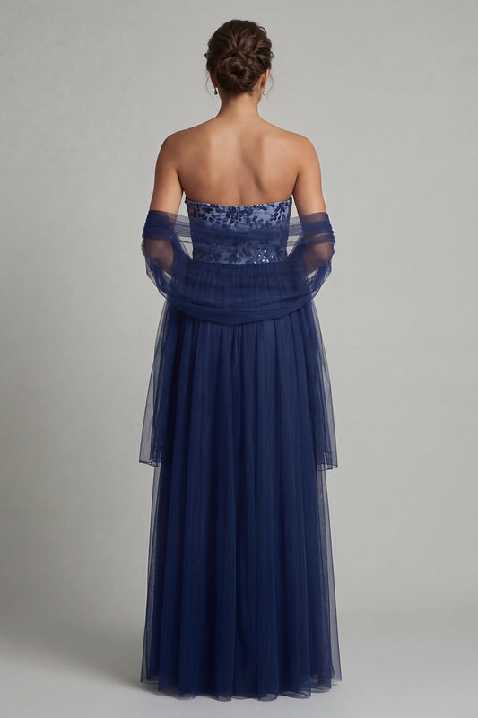 A Line Navy Long Floral Mother of the Bride Dress with Shawl