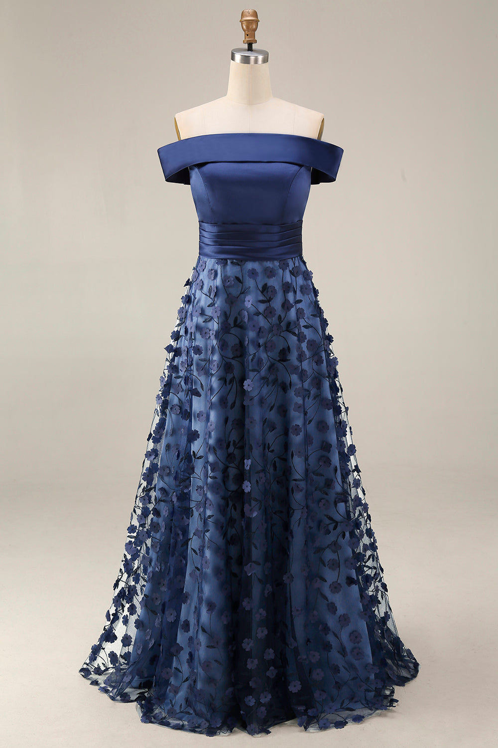 Navy Long A Line Beaded Floral Mother of the Bride Dress