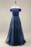 Navy Long A Line Beaded Floral Mother of the Bride Dress