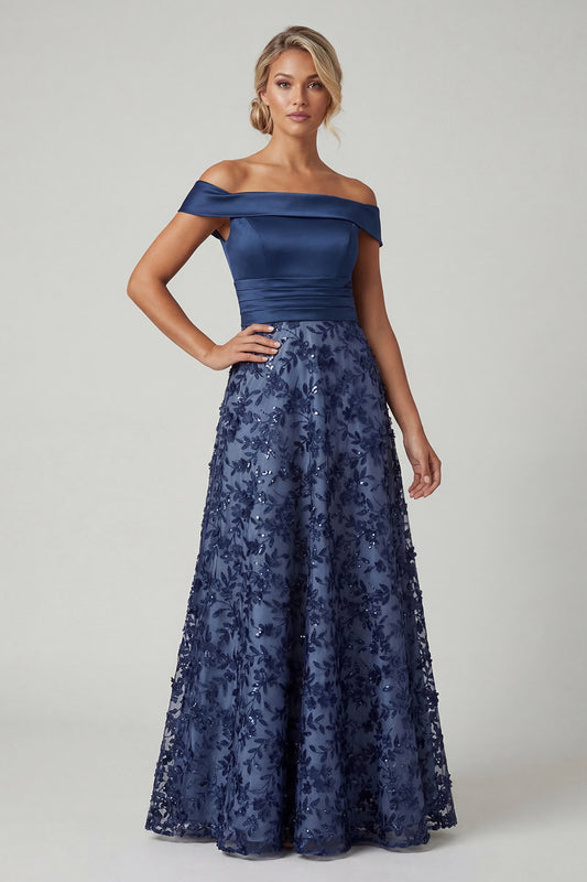 Navy Long A Line Beaded Floral Mother of the Bride Dress