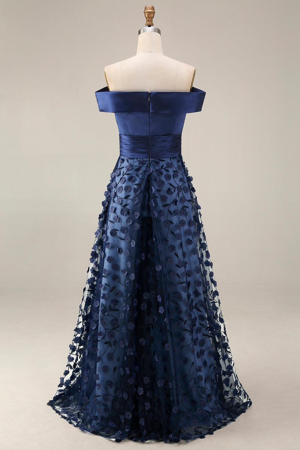 Navy Long A Line Beaded Floral Mother of the Bride Dress