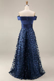 Navy Long A Line Beaded Floral Mother of the Bride Dress