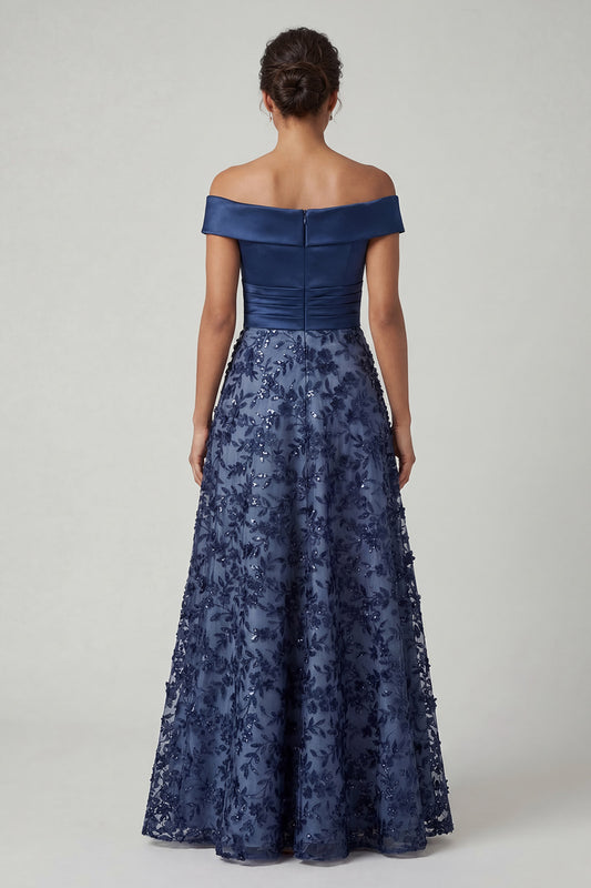 Navy Long A Line Beaded Floral Mother of the Bride Dress