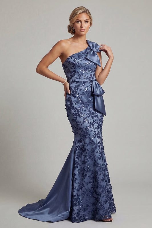 Floral Long Mermaid Navy Mother of the Bride Dress with Bow