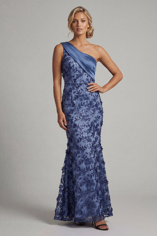 Mermaid Navy Long Floral Mother of the Bride Dress