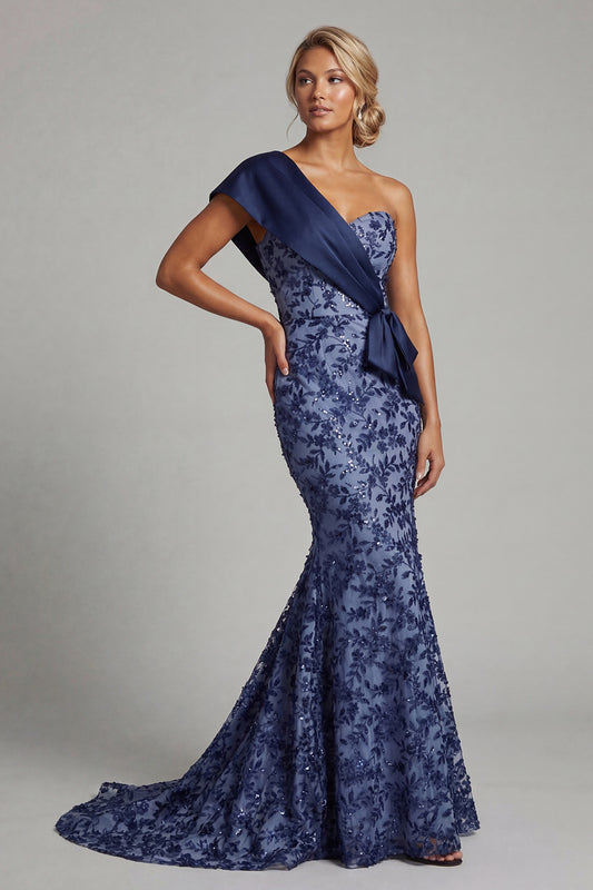 Mermaid Long Navy One Shoulder Floral Mother of the Bride Dress