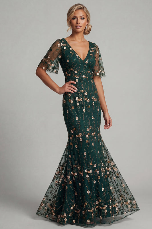 Long Mermaid V-Neck Dark Green Floral Mother of the Bride Dress