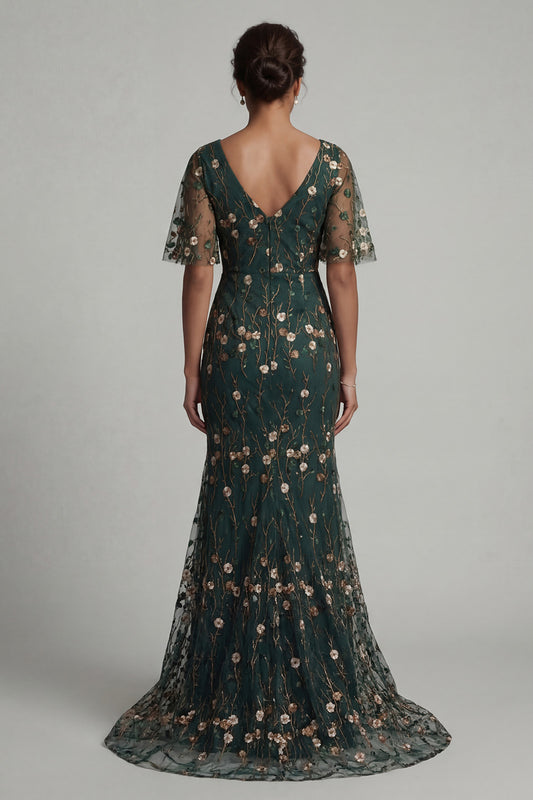 Long Mermaid V-Neck Dark Green Floral Mother of the Bride Dress