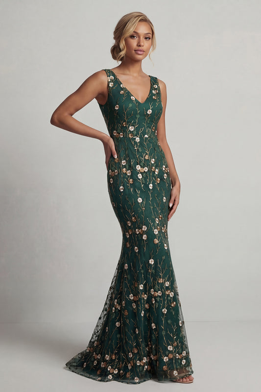 V-Neck Dark Green Floral Long Mermaid Mother of the Bride Dress
