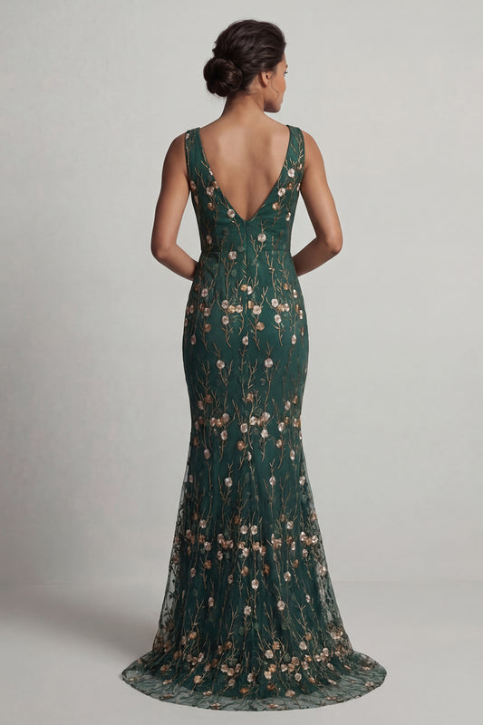 V-Neck Dark Green Floral Long Mermaid Mother of the Bride Dress