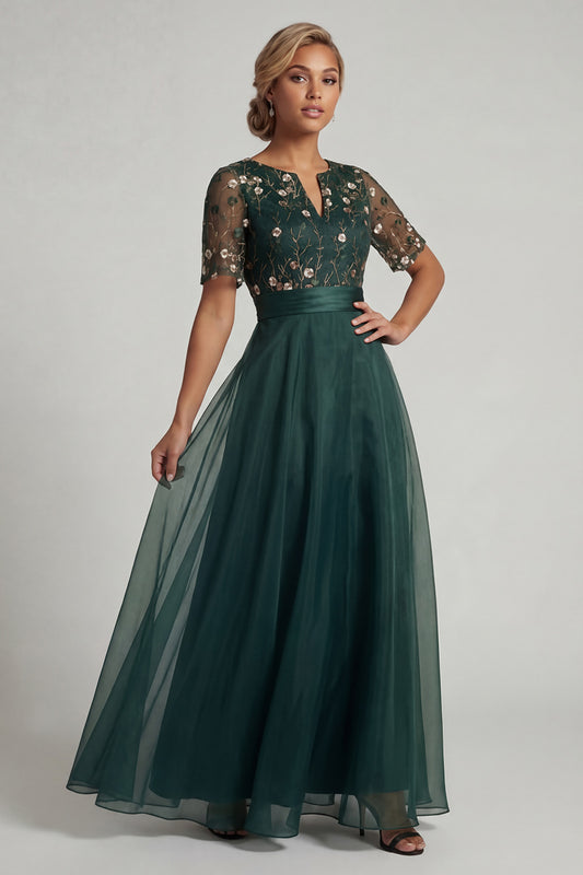 Half Sleeves Long A Line Dark Green Floral Mother of the Bride Dress