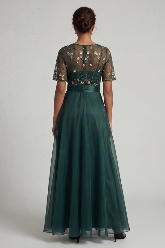Half Sleeves Long A Line Dark Green Floral Mother of the Bride Dress