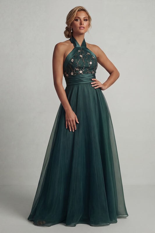 A Line Dark Green Floral Halter Long Mother of the Bride Dress