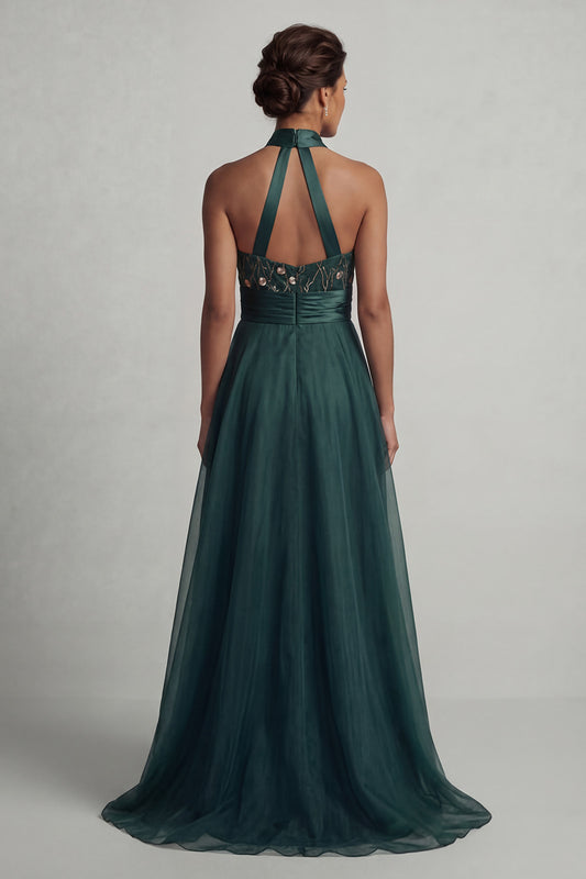A Line Dark Green Floral Halter Long Mother of the Bride Dress