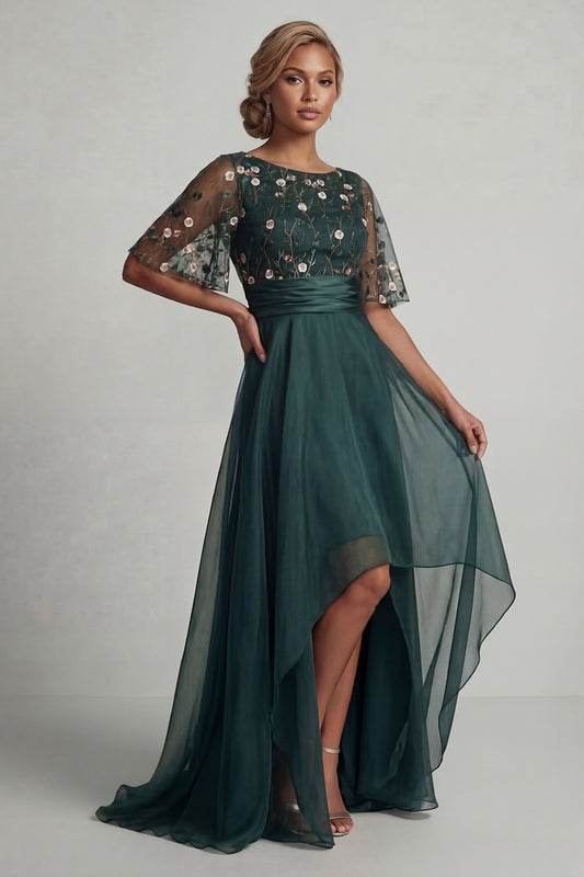 A Line Dark Green Floral High Low Boat Neck Mother of the Bride Dress