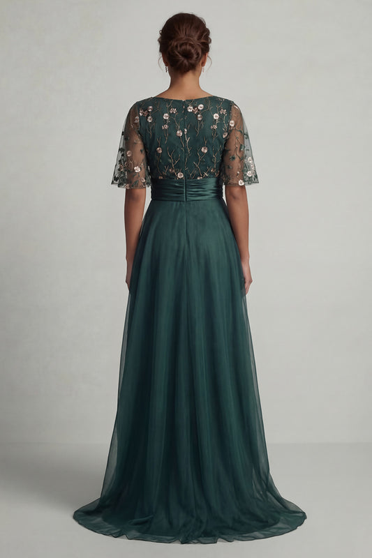 A Line Dark Green Floral High Low Boat Neck Mother of the Bride Dress