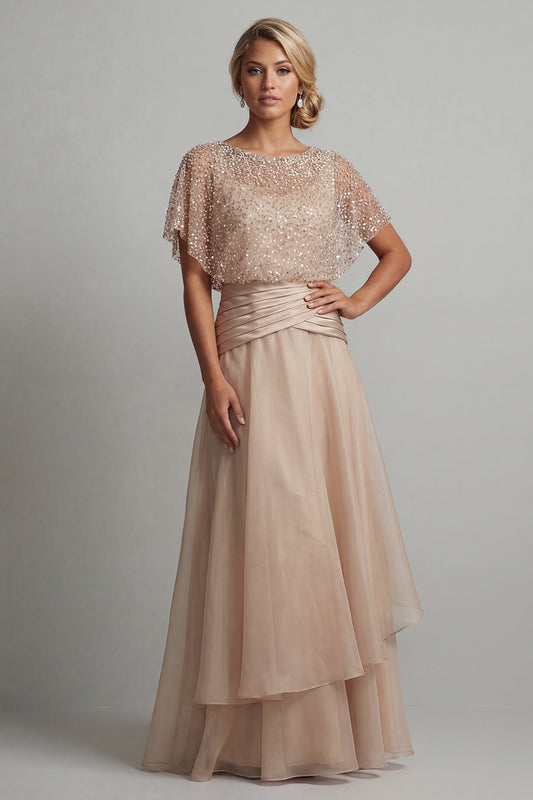 Beaded Long A Line Champagne Mother of the Bride Dress with Ruffles