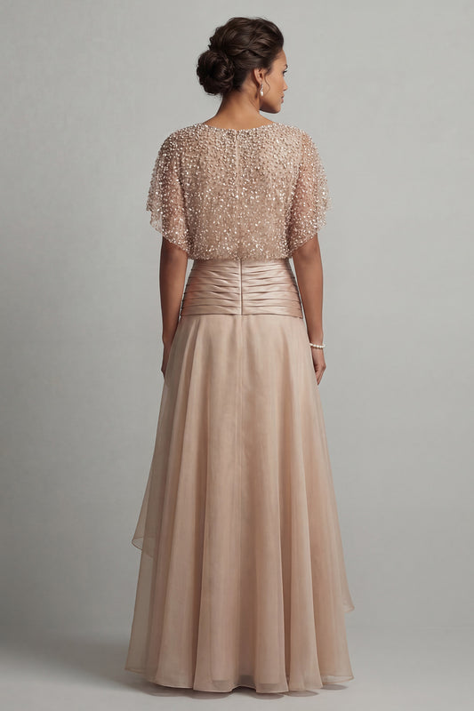 Beaded Long A Line Champagne Mother of the Bride Dress with Ruffles