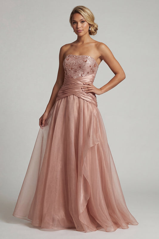 A Line Dusty Rose Beaded Long Mother of the Bride Dress with Ruffles