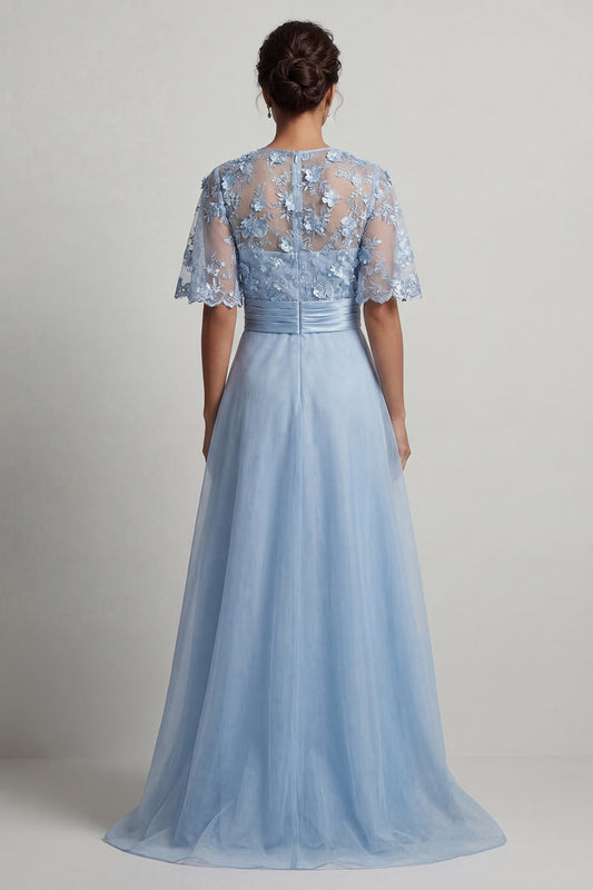 Sky Blue Floral Long A Line Mother of the Bride Dress