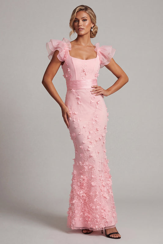 Blush Mermaid Long Floral Mother of the Bride Dress with Ruffles
