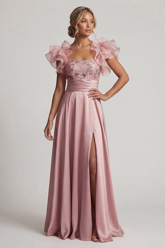 A Line Dusty Rose Long Floral Beaded Mother of the Bride Dress with Ruffles