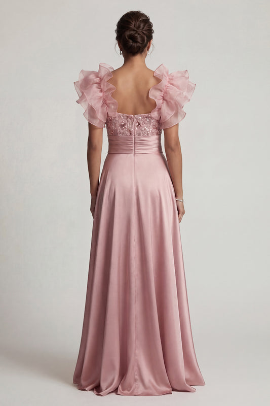 A Line Dusty Rose Long Floral Beaded Mother of the Bride Dress with Ruffles
