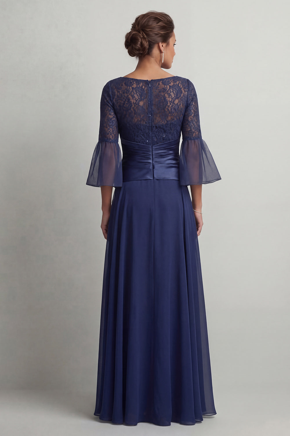 Navy Ruched A Line Boat Neck Long Mother of the Bride Dress with Slit