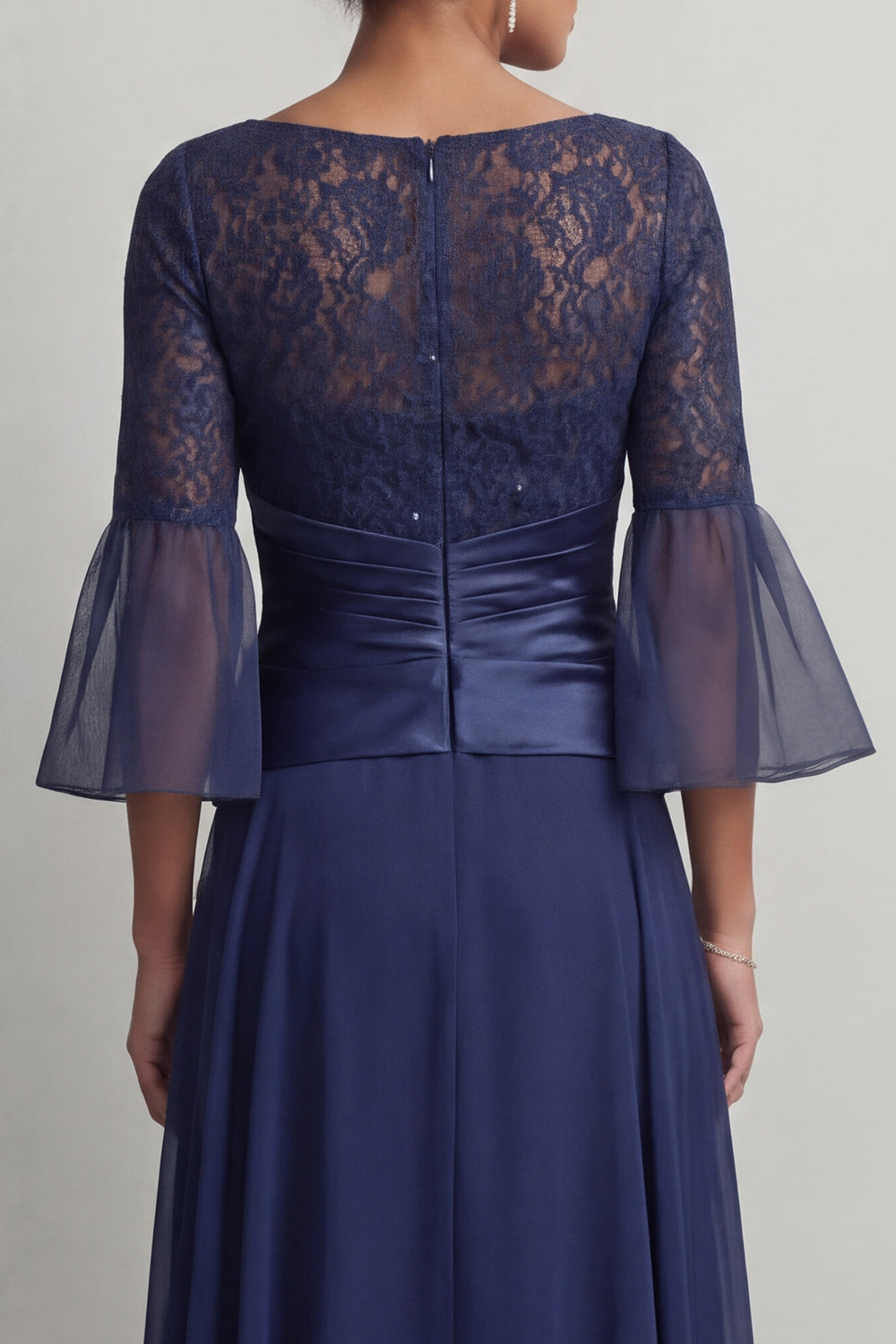 Navy Ruched A Line Boat Neck Long Mother of the Bride Dress with Slit