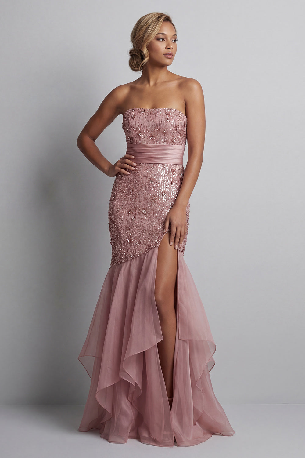 Sparkly Dusty Rose Mermaid Sequin Long Mother of the Bride Dress with Ruffles