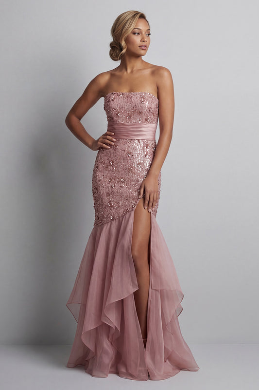 Sparkly Dusty Rose Mermaid Sequin Long Mother of the Bride Dress with Ruffles